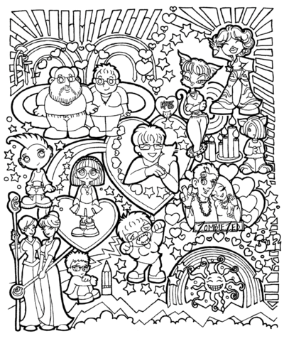 Comic Characters Doodle Coloring Page